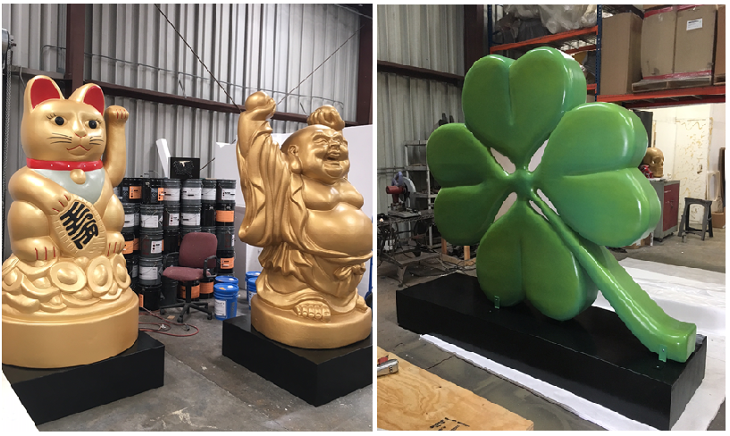 Lucky Cat Buddha Clover custom made scenic sculpture props and displays 